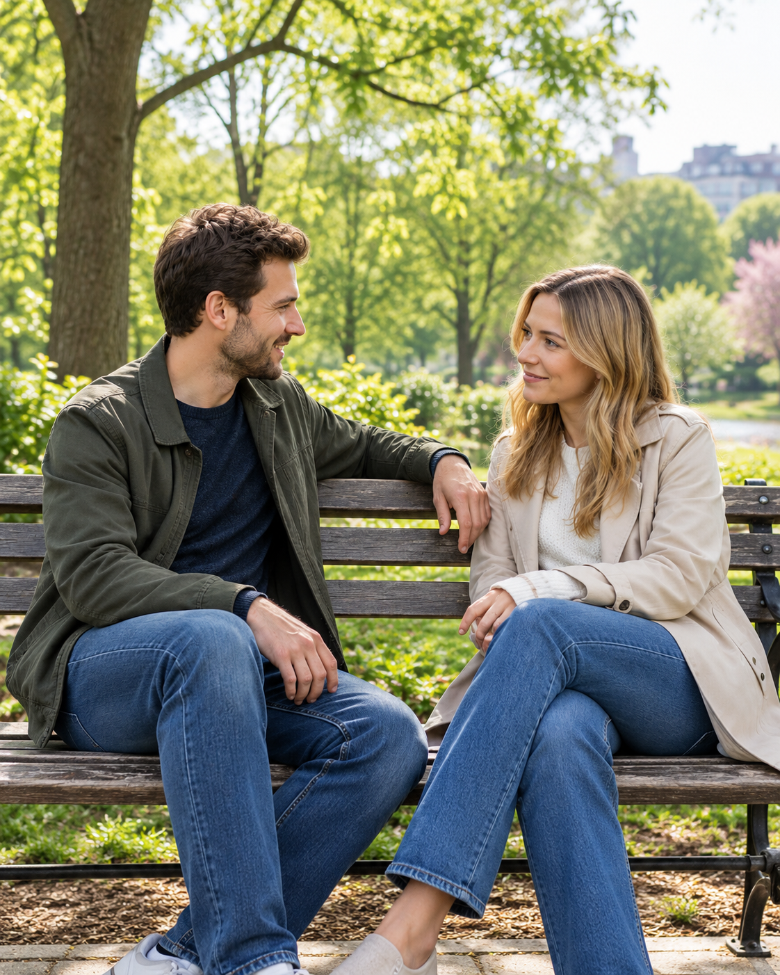 Warm Conversation on a Sunlit Park Bench